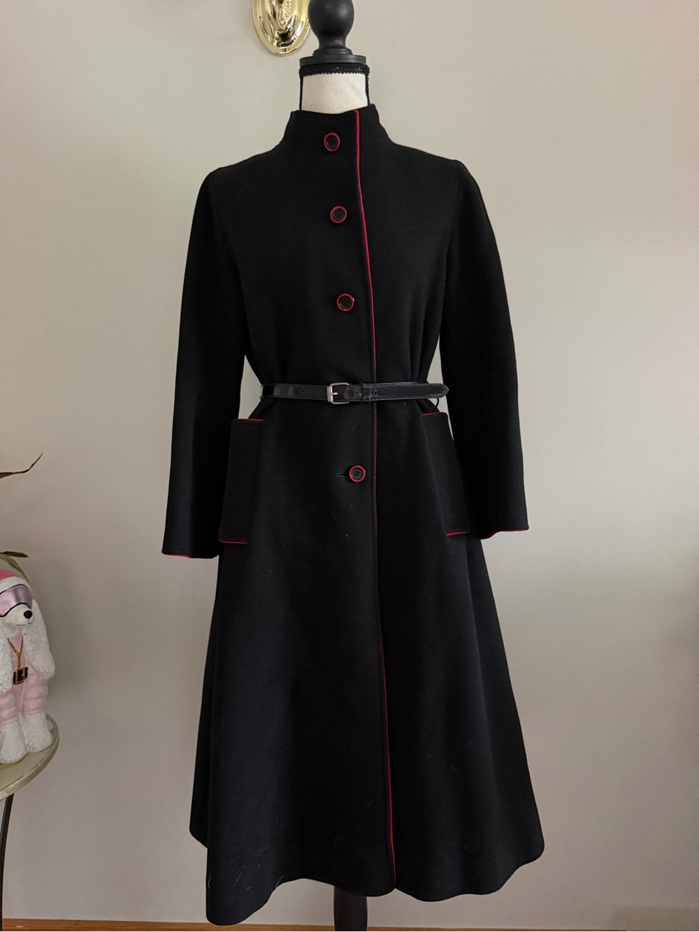 Union Label 100% Wool A-Line Coat with Red Piping